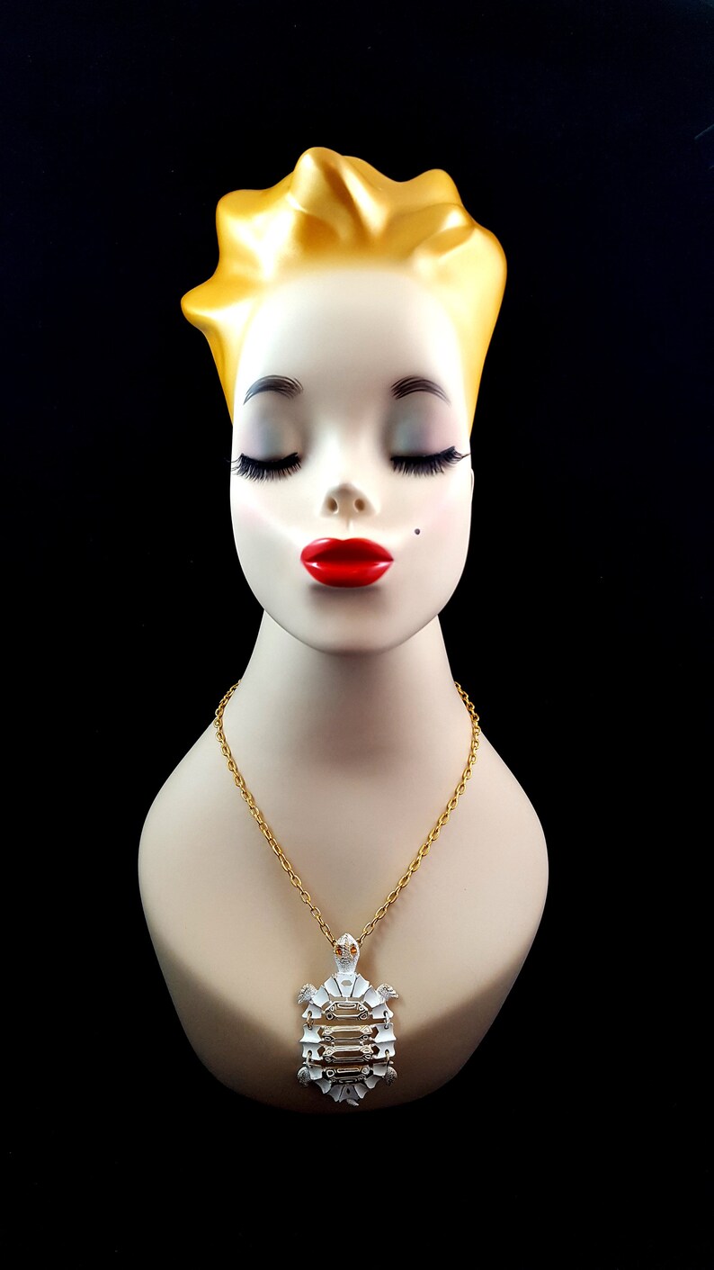 Vintage RAZZA Necklace Razza TURTLE Necklace White Enamel Wash White Turtle Articulated Necklace Rhinestone Eyes Signed AWESOME Find Gift