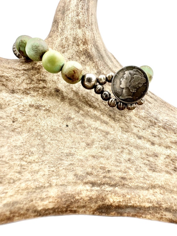 Astounding Native American Navajo Royston Turquoise Sterling Silver Mercury Dimes Bracelet Astounding Native American Navajo Royston Turquoise Sterling Silver Mercury Dimes Bracelet