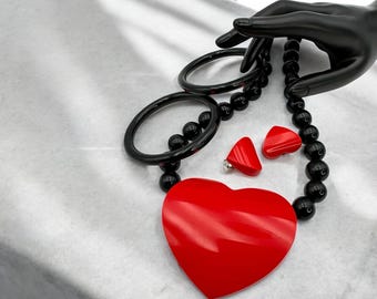Vintage Marion Godart Necklace Earrings Bracelets Set Paris France French Massive Heart Red Black Statement High End Designer Love Gift