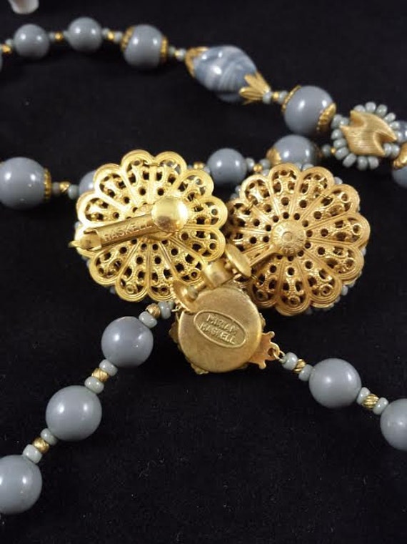 Vintage Miriam Haskell Necklace & Earrings Demi Parure Grey Art Glass Gold Tone Signed Grey Gold A FABULOUS RARITY View 3