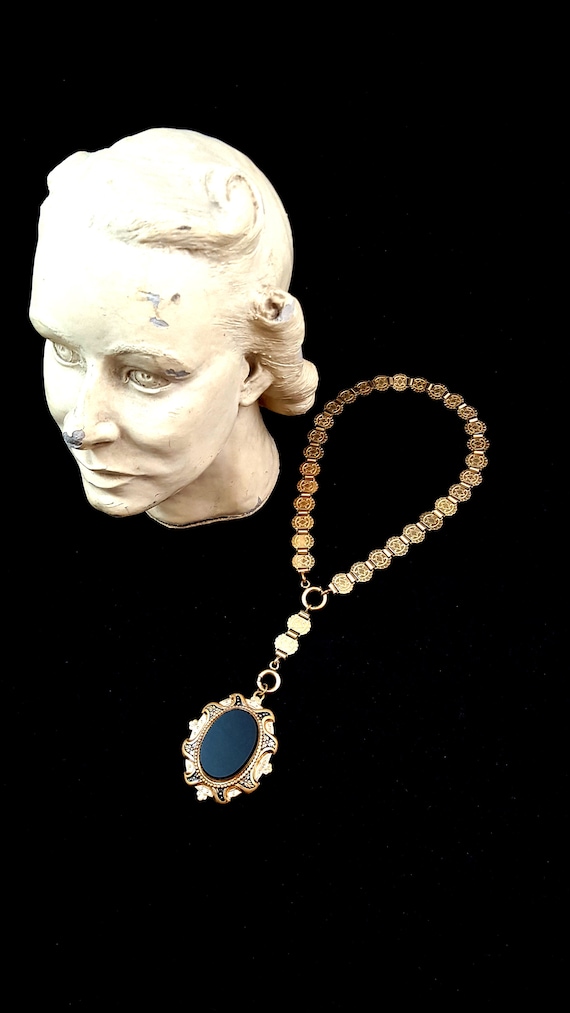 Antique Victorian Locket Necklace Black Glass Enam