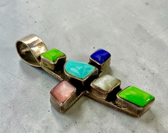 Vintage Cross Pendant Mexico Abstract  Turquoise Lapis Mother Of Pearl GaspeiteSterling Silver Signed