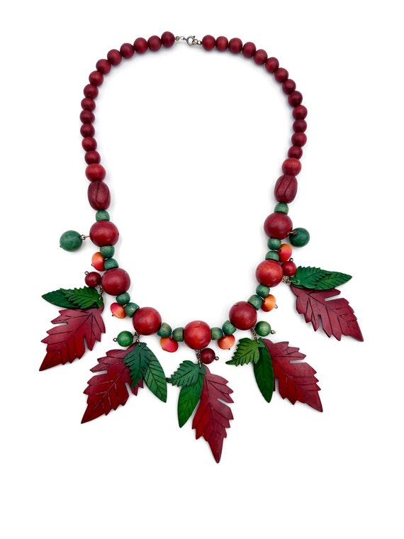 Vintage Wood Necklace Leaf Necklace Leaves Hand S… - image 10