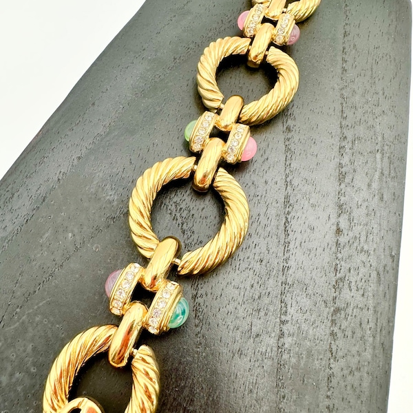 Vintage GIVENCHY Rhinestone Bracelet Roman Bracelet Mogul Bracelet Bold Gold Rare Eighties HAUTE COUTURE Runway Cable Twist Pastel Cabochon