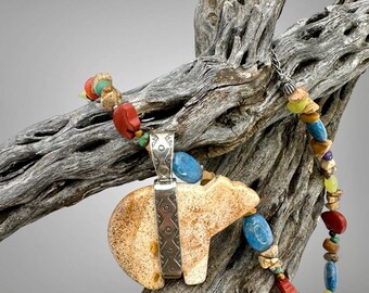 Vintage Carolyn Pollack Necklace Relios Necklace Fetish Bear Pendant Necklace Sterling Silver Agate 925 Large Bail Statement Mama Bear Gift