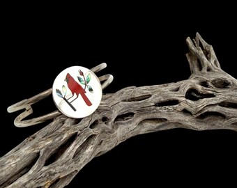 Vintage Native American Cuff S C Sanford Edaakie Inlay Inlaid Cardinal Bird Sterling Silver Collectible Coral Mother Of Pearl Abalone