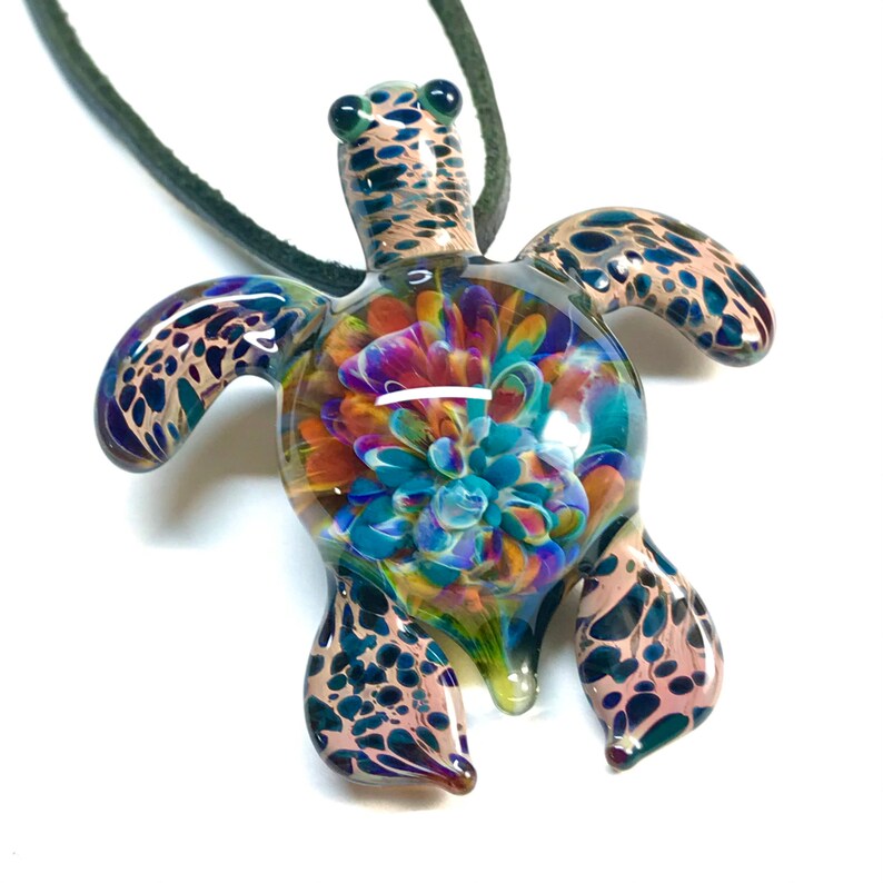 Baby sea turtle necklace glass beads pendant Handmade custom jewelry Lampwork beads Glass flowers Boro beads