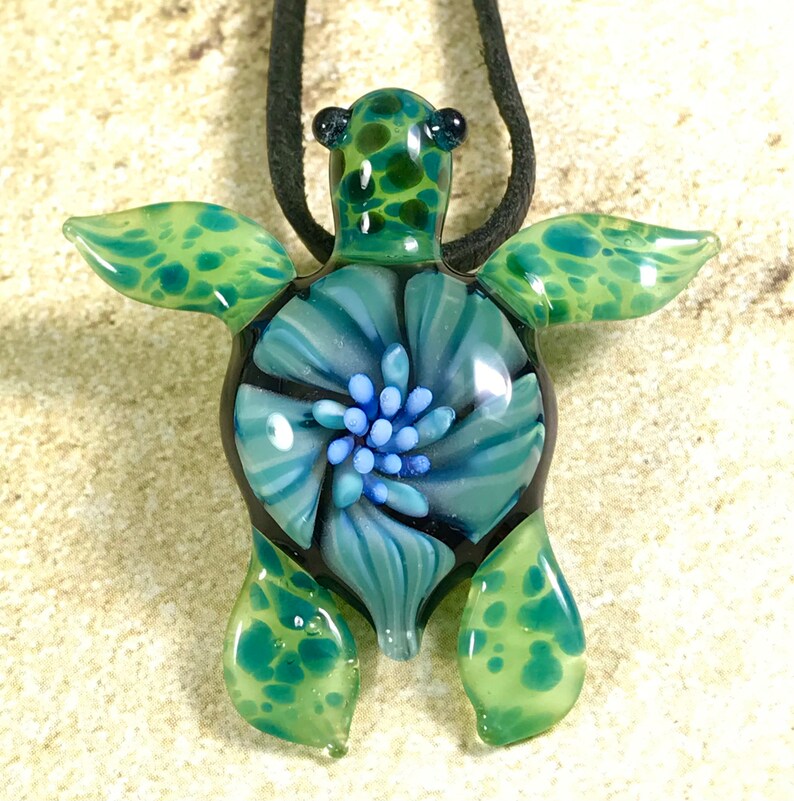 Baby sea turtle necklace glass beads pendant Handmade custom jewelry Lampwork beads Glass flowers Boro beads