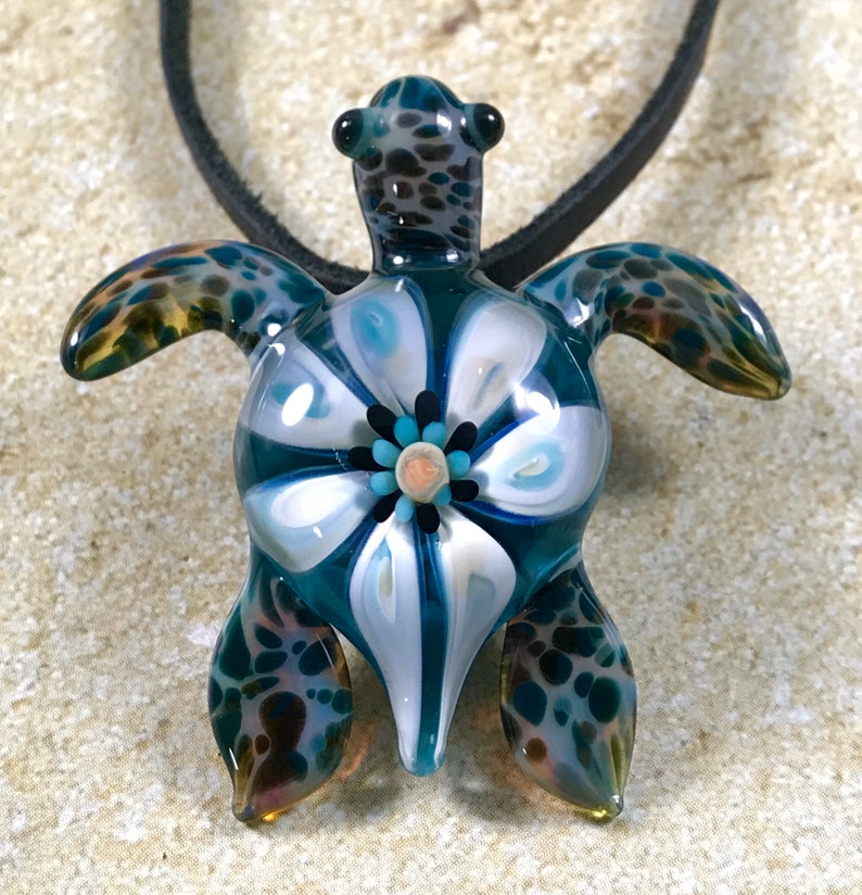 Baby sea turtle necklace glass beads pendant Handmade custom jewelry Lampwork beads Glass flowers Boro beads