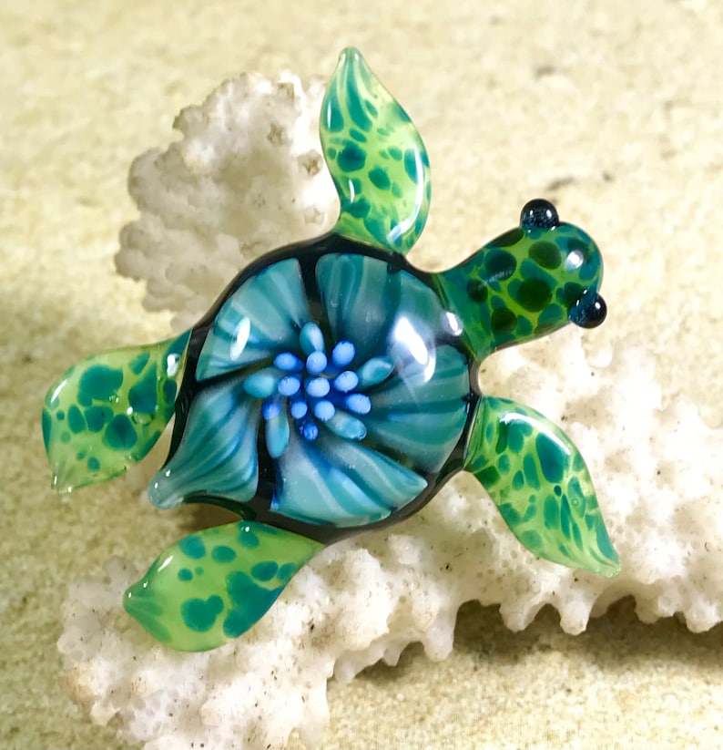 Baby sea turtle necklace glass beads pendant Handmade custom jewelry Lampwork beads Glass flowers Boro beads
