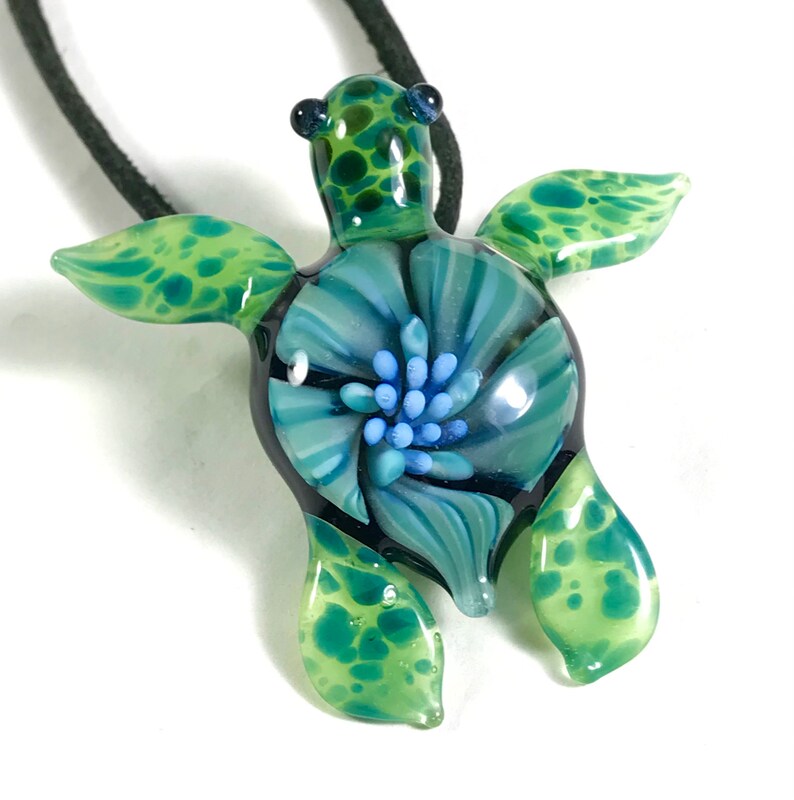Baby sea turtle necklace glass beads pendant Handmade custom jewelry Lampwork beads Glass flowers Boro beads
