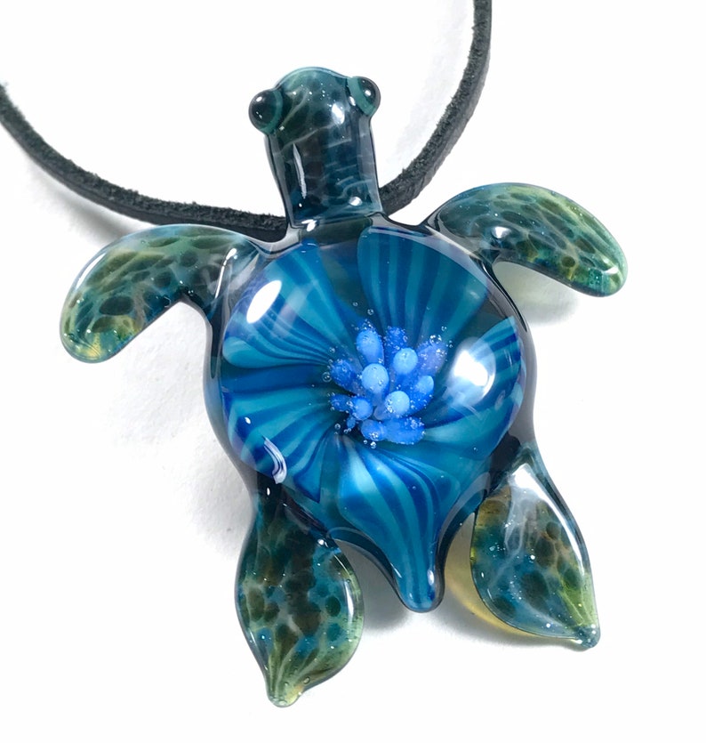 Baby sea turtle necklace glass beads pendant Handmade custom jewelry Lampwork beads Glass flowers Boro beads