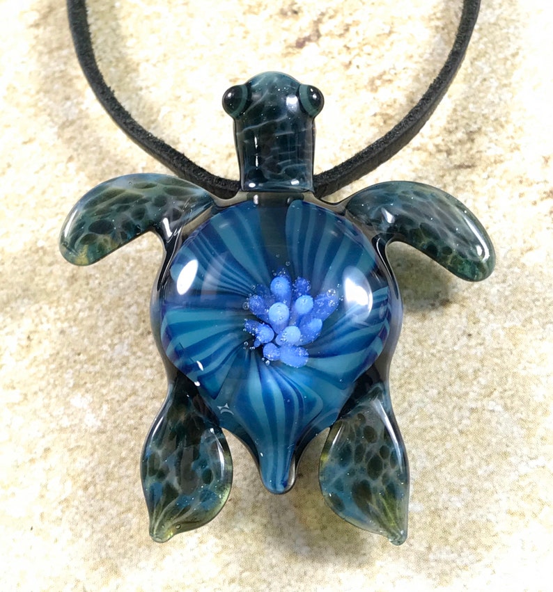 Baby sea turtle necklace glass beads pendant Handmade custom jewelry Lampwork beads Glass flowers Boro beads