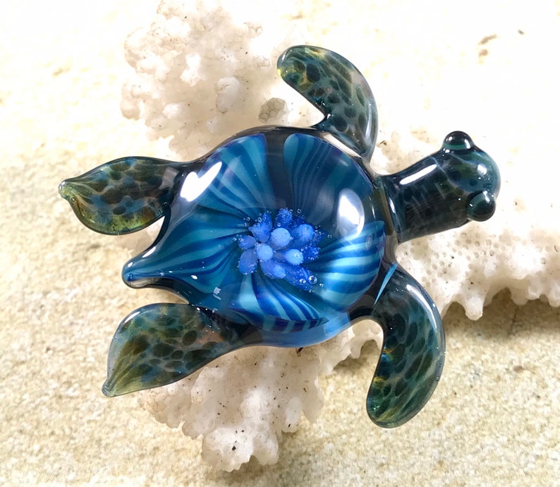 Baby sea turtle necklace glass beads pendant Handmade custom jewelry Lampwork beads Glass flowers Boro beads