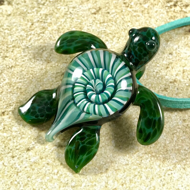 Baby sea turtle necklace glass beads pendant Handmade custom jewelry Lampwork beads Glass flowers Boro beads