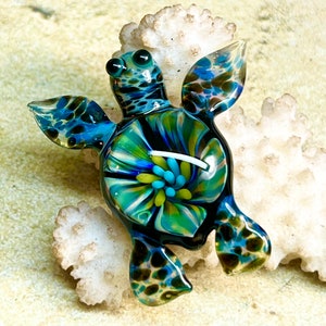 Baby sea turtle necklace glass beads pendant Handmade custom jewelry Lampwork beads Glass flowers Boro beads