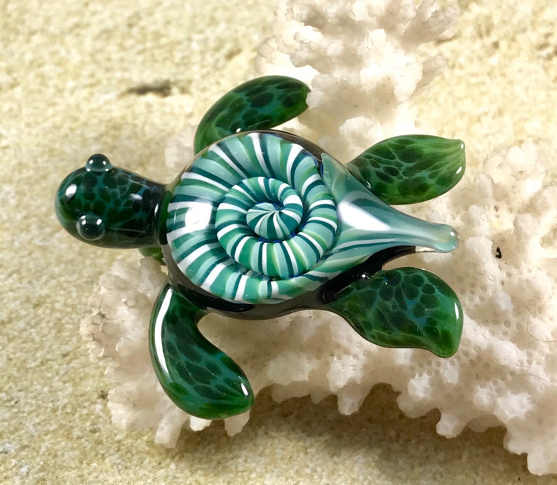 Baby sea turtle necklace glass beads pendant Handmade custom jewelry Lampwork beads Glass flowers Boro beads