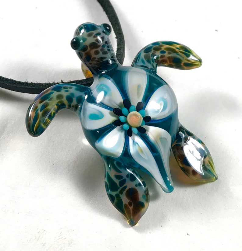 Baby sea turtle necklace glass beads pendant Handmade custom jewelry Lampwork beads Glass flowers Boro beads