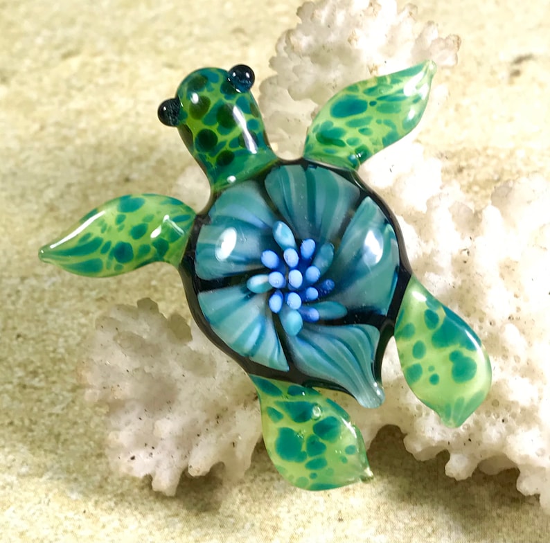 Baby sea turtle necklace glass beads pendant Handmade custom jewelry Lampwork beads Glass flowers Boro beads