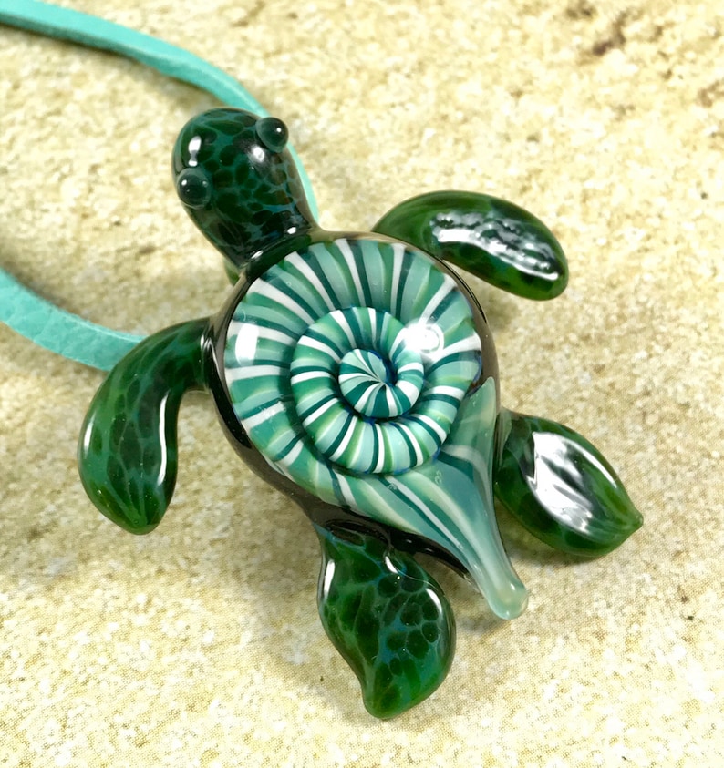 Baby sea turtle necklace glass beads pendant Handmade custom jewelry Lampwork beads Glass flowers Boro beads