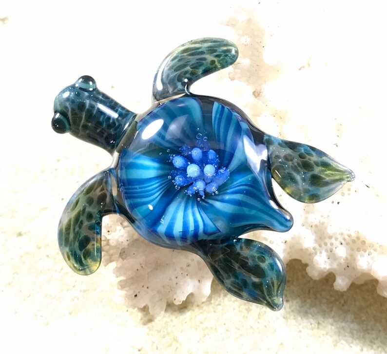 Baby sea turtle necklace glass beads pendant Handmade custom jewelry Lampwork beads Glass flowers Boro beads