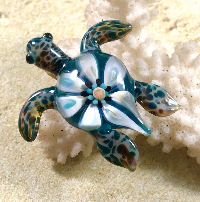 Baby sea turtle necklace glass beads pendant Handmade custom jewelry Lampwork beads Glass flowers Boro beads