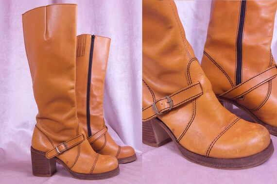 Vtg Knee High 70's Leather Boots - Block heel chun