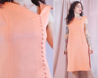 60's Peach Lurex Asymmetrical Button Up Dress - tinsel sparkle shift dress Nardis of Dallas