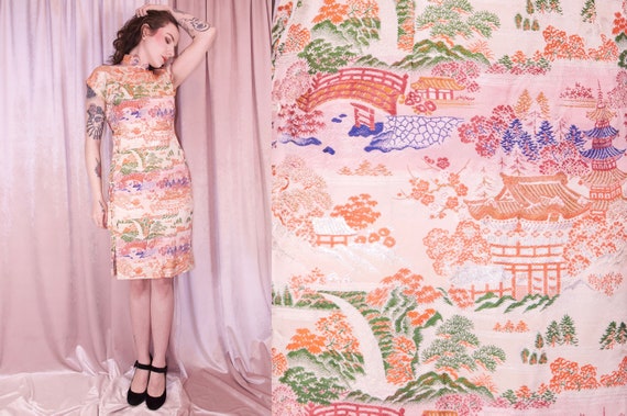 Pink Brocade Ombre Cheongsam Dress Vintage - 50's