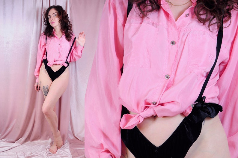 Small Medium Vtg Silk Bubblegum Pink 80/'s Button Up blouse