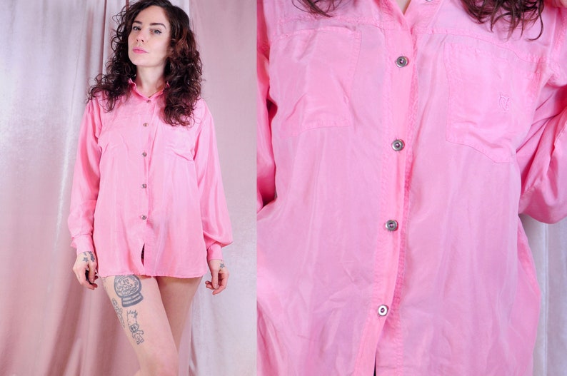 Small Medium Vtg Silk Bubblegum Pink 80/'s Button Up blouse