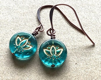 Blue and Gold Lotus Flower Earrings, Aqua Glass Bead Dangles, Yoga Gift for Her