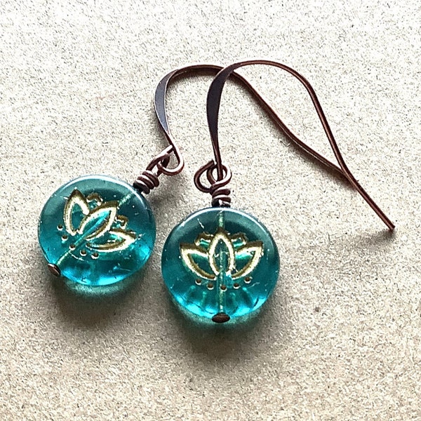 Blue and Gold Lotus Flower Earrings, Aqua Glass Bead Dangles, Yoga Gift for Her