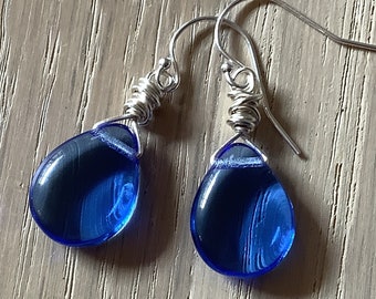 Royal Blue Glass Teardrop Earrings in Sterling Silver, 1 1/2"