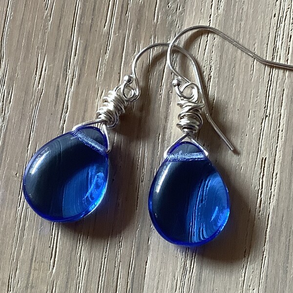 Royal Blue Glass Teardrop Earrings in Sterling Silver, 1 1/2"