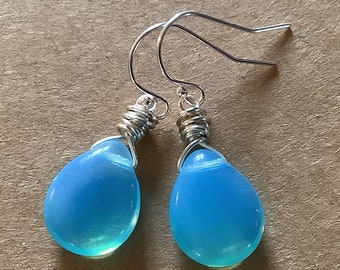 Blue Opal Earrings - Czech glass bead drops - sterling silver - tropical color - 1 1/2"