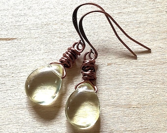 Light Yellow Antique Copper Glass Earrings