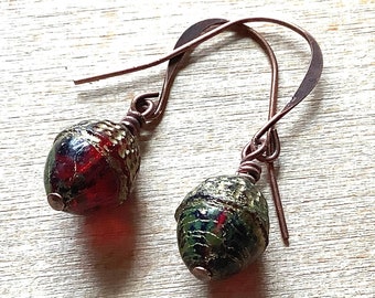 Dark Red Glass Acorn Earrings with Gold Finish, Squirrel Lover Gift