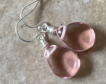 Pink Glass Earrings Sterling Silver, Blush Pink Drops, Mother's Day Gift