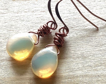 Ethereal Gold Earrings, Milky Yellow Glass Drops in Antique Copper, Bestie Birthday Gift