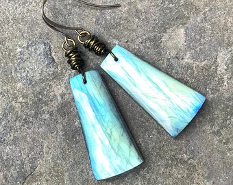 Labradorite Dangle Earrings, Blue Stone Brass Jewelry