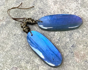 Labradorite Antique Brass Earrings, Long Blue Stone Dangles