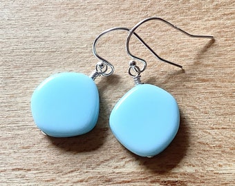 Sky Blue Bead Earrings, Light Turquoise Freeform Dangles, Jewelry for Mom