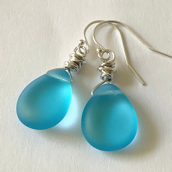 Aqua Sea Glass Earrings in Sterling Silver, Matte Turquoise Blue Dangles, 1 1/2"