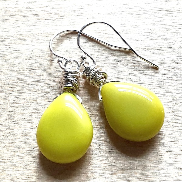 Chartreuse Dangle Earrings - yellow green teardrop earrings - sterling silver wire wrap - 1 1/2”