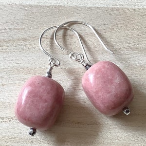 Sterling Thulite Earrings, Chunky Pink Stone Dangles, Jewelry Gift Mom, 1 1/2"