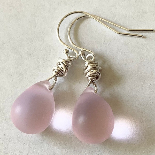 Sterling Pink Sea Glass Earrings, 1 1/4"