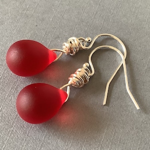 Red Sea Glass Sterling Earrings, Ruby Bead Dangles, Jewelry for Mom, 1 1/4"