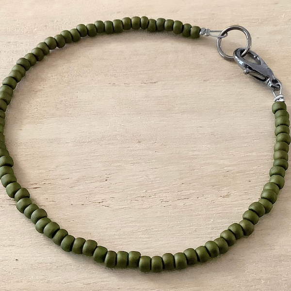 Dark Olive Green Bracelet, Seed Bead Jewelry