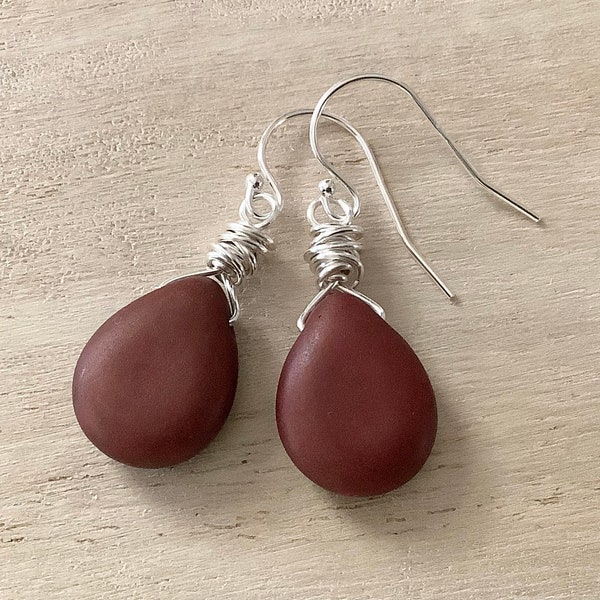 Maroon Earrings, Matte Dark Red Teardrops, Jewelry for Sister